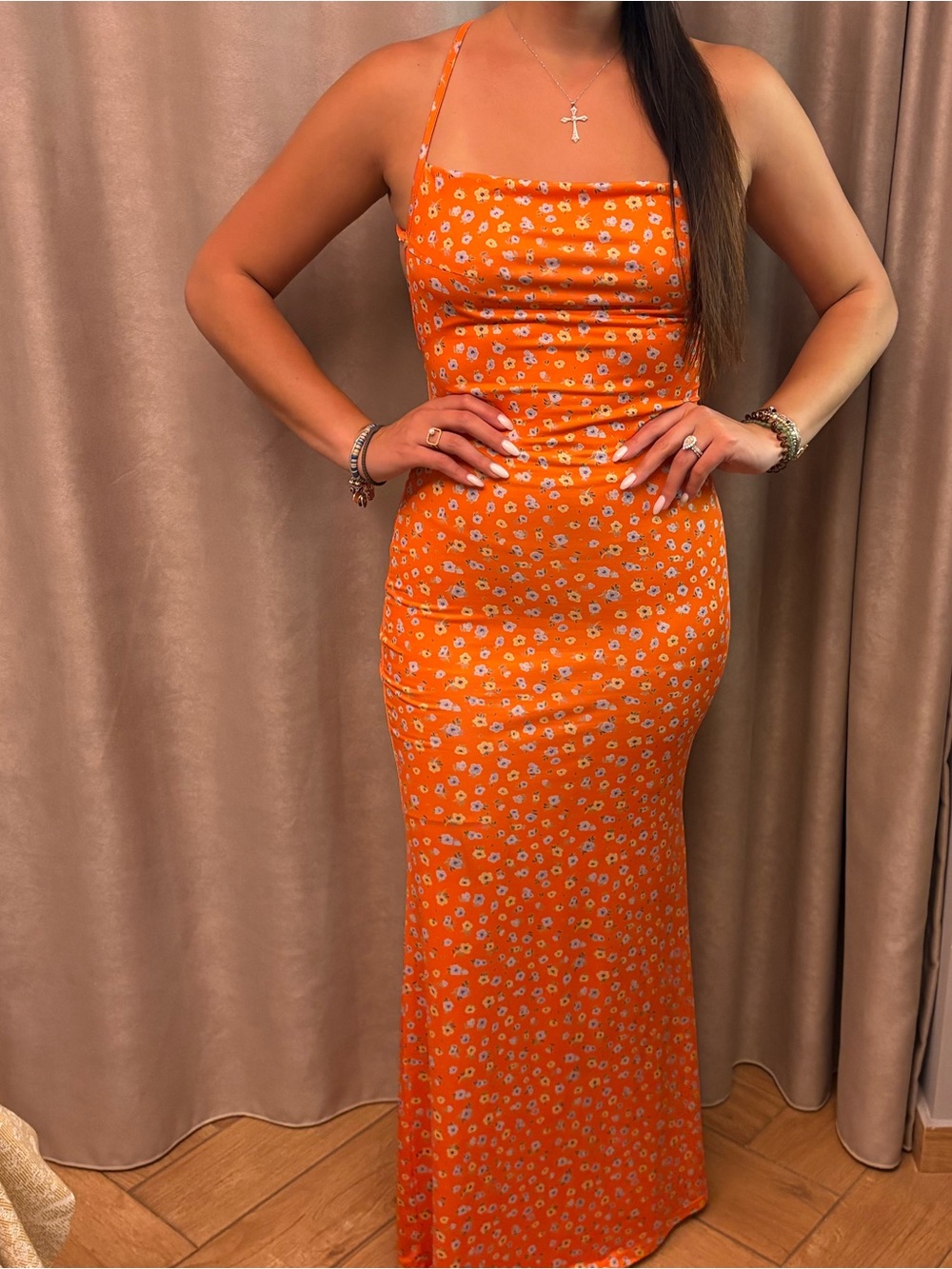 SHEIN Orange Floral Slip Maxi Dress